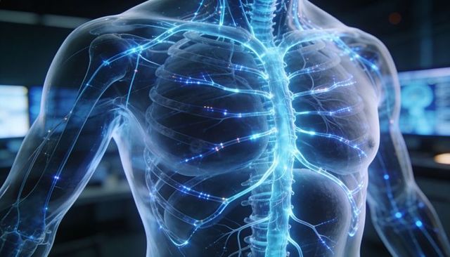 Translucent torso showing glowing neural network, rib cage and spine for medical tech