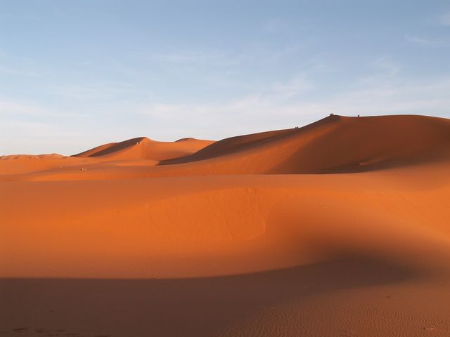 Golden sand dunes bathed in the soft light of sunrise in the vast Sahara Desert. Ideal for travel brochures, nature photography, desert-themed projects, and backgrounds depicting tranquility and natural beauty.