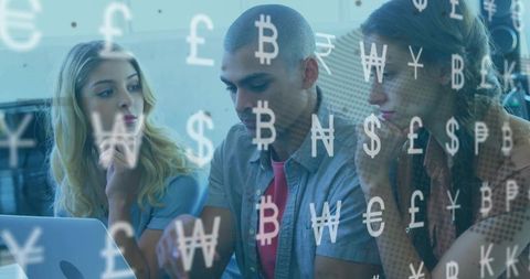 Three Professionals Analyzing Financial Data with Currency Symbols Overlay