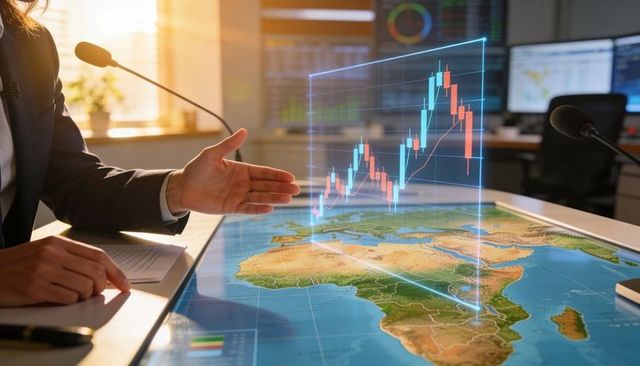 Business leader presenting holographic financial chart over africa map in boardroom