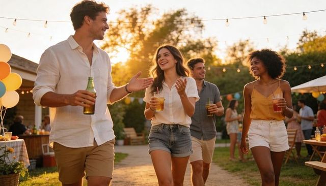 Friends enjoying backyard sunset party with string lights, balloons and refreshing drinks