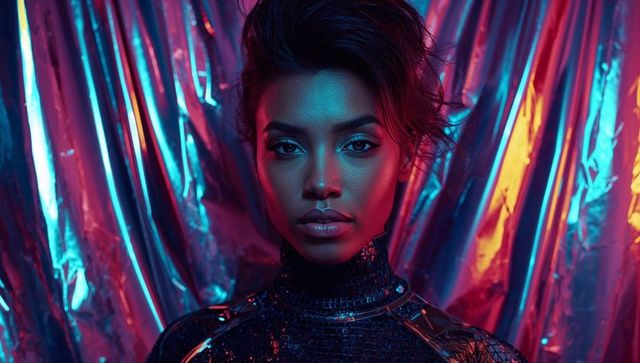 Vibrant fashion portrait with two-tone lighting and metallic background