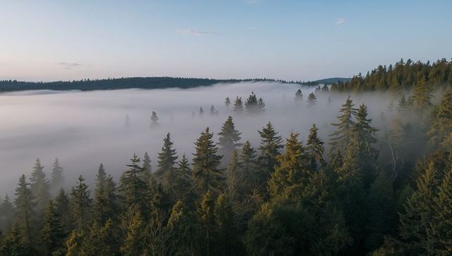 Evergreen treetops rising above fog-filled valley under soft dawn light and misty horizon
