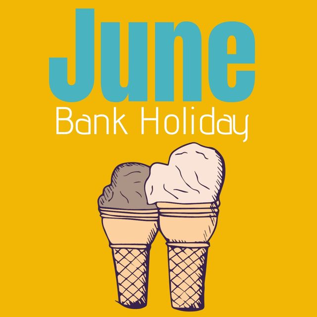 Digital composite image of june bank holiday text on ice cream cones against yellow background. vector, dessert and holiday concept.