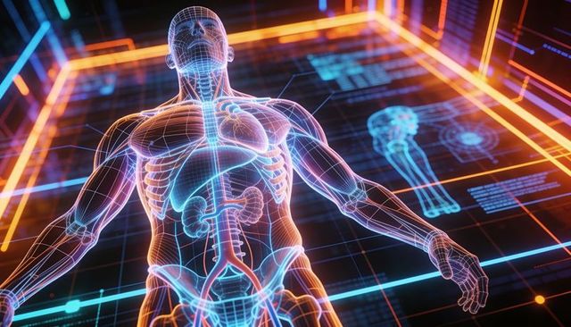 Hovering holographic anatomical model revealing organs in futuristic neon lab interface