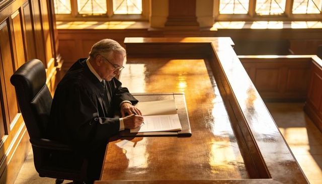 Senior judge signing legal documents at mahogany bench in sunlit courtroom solitude