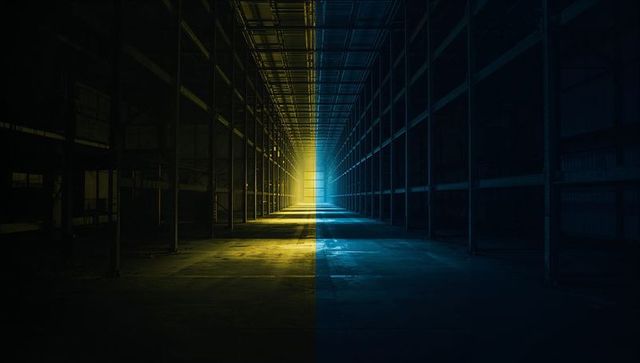 Symmetrical Industrial Aisle Illuminated in Yellow and Blue