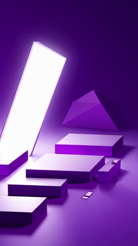 Vertical video glowing panel illuminating geometric blocks with rotating prism in purple