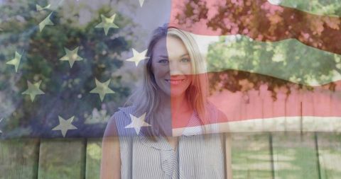 Cheerful Woman in Backyard with American Flag Overlay