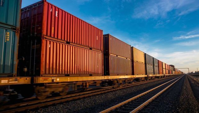 Intermodal freight train carrying stacked containers along parallel tracks at golden hour
