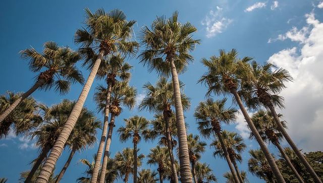 Soaring palm trees against clear blue sky with sunlit fronds and fluffy clouds