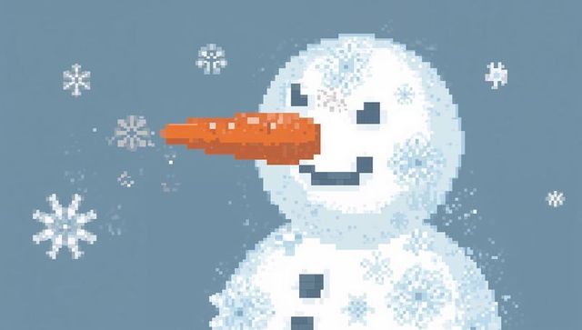 Pixel-art snowman pointing carrot nose retro 8-bit winter illustration with snowflakes