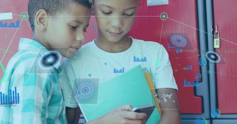 School Boys Exploring Smartphone with Futuristic Technology Overlay