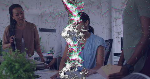 Team reviewing documents in modern office with vertical holographic polygonal data overlay