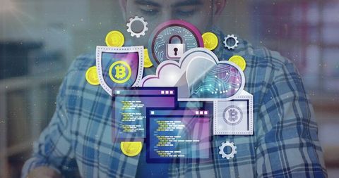 Crypto developer with blockchain icons and security illustrations