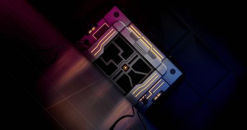 Futuristic electronic security door with intense lighting and cables