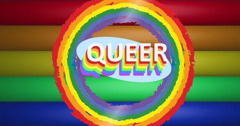 Queer text highlighted by vibrant rainbow circles