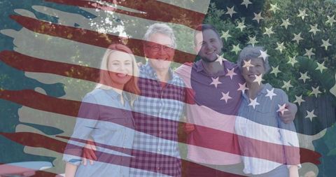 Happy family celebrating with usa flag overlay