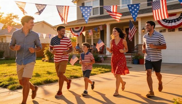 Family celebrating fourth of july walking sunlit suburban driveway with american flags