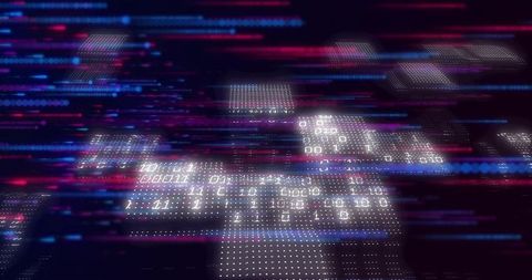 Neon Binary Blocks Floating Through Digital Grid Showing Data Flow and Cyber Motion