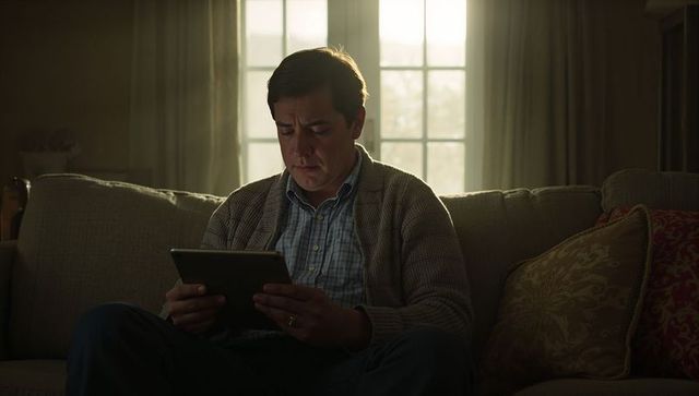 Backlit middle-aged man reading tablet on cozy sofa wearing cardigan and wedding ring