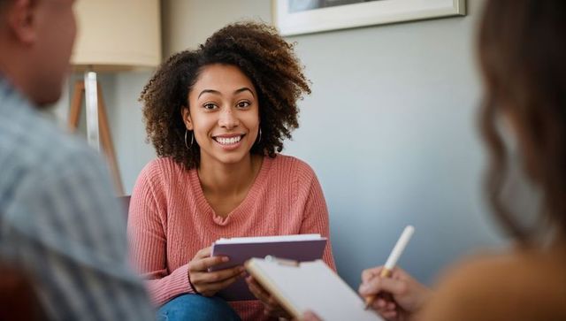 Smiling young woman holding tablet, chatting with counselors in relaxed living room session