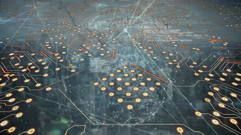 Digital Circuit Overlay on Earth and Cityscape Glowing Connections