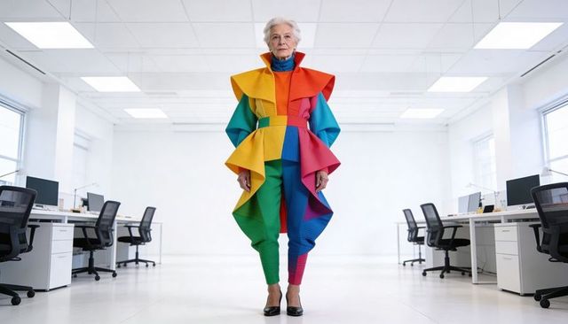 Senior fashion icon wearing bold geometric rainbow couture in minimalist office