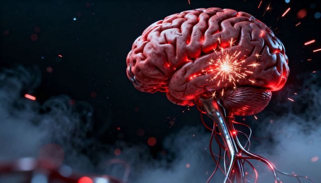 Glowing cybernetic brain sparking cortex with metal brainstem and neon neural circuitry