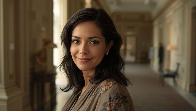 Smiling woman wearing floral shawl and stud earrings in elegant corridor with statue