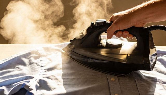 Pressing steam iron across light-blue shirt releasing warm backlit steam for garment care