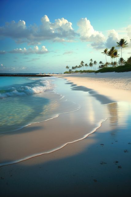 Picture depicts a scenic tropical beach during sunset with gentle waves rolling in on soft sand. Palm trees line the beach, creating a tranquil, idyllic setting perfect for promoting travel destinations, vacation packages, eco-tourism, and tropical resorts.