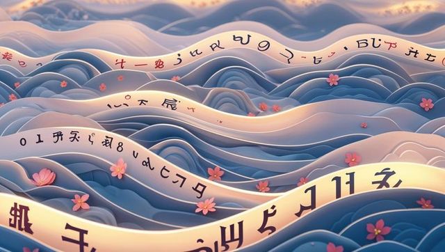 Surreal digital waves with glowing script and cherry blossoms