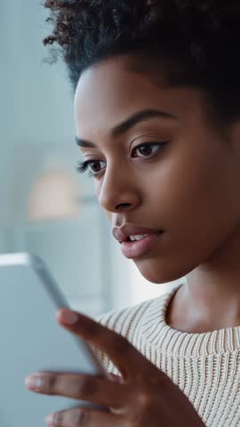 Vertical video: Woman tapping tablet, focusing on content in bright modern interior