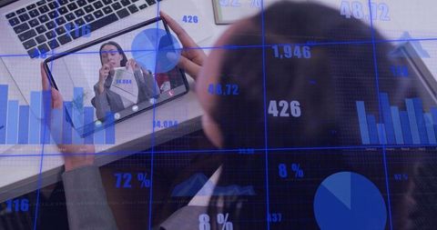 Professional attending remote tablet presentation analyzing financial charts and analytics