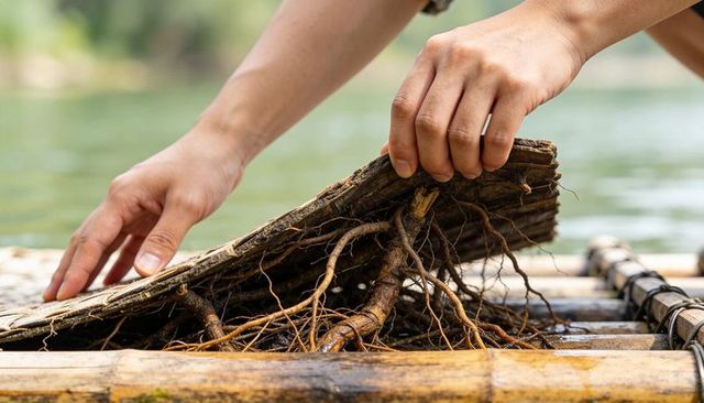 Lifting hands revealing tangled wet roots on bamboo raft during river exploration