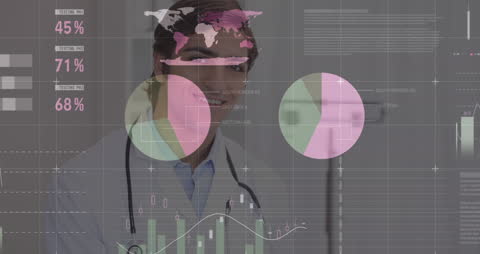 Smiling Doctor with Financial and Medical Data Overlay