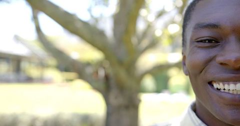 Cheerful african american man smiling in sunlit park