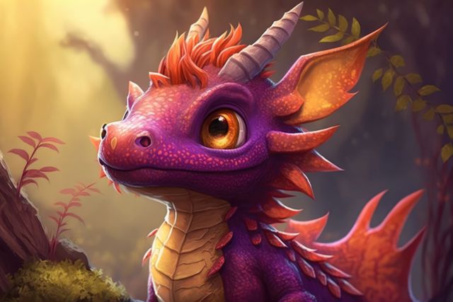 A cute purple baby dragon with wide amber eyes and detailed scales sits in an enchanted forest, surrounded by greenery and soft sunlight. Great for children's book illustrations, fantasy-themed projects, and magical world-building visuals.