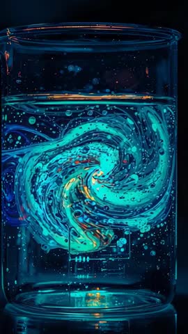 Spinning beaker forming neon teal vortex over lit bench, glowing bubbles in vertical lab footage