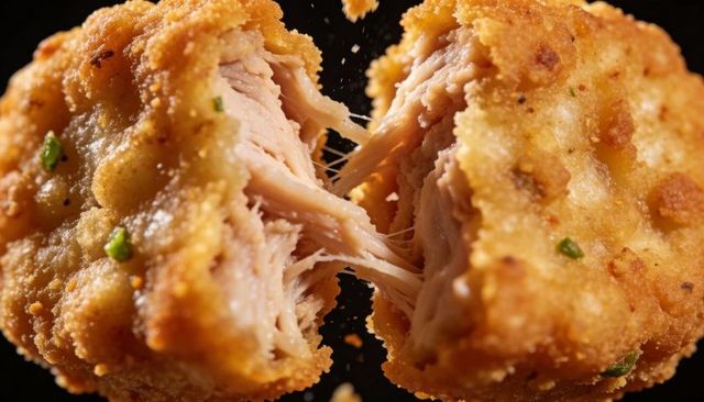 Pulling breaded chicken nugget halves apart showing tender shredded meat and crunchy coating