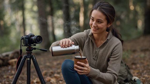 Smiling woman pouring hot drink from thermos while filming forest with dslr on tripod