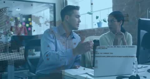 Developers discussing code and data with global map overlay in modern open-plan office