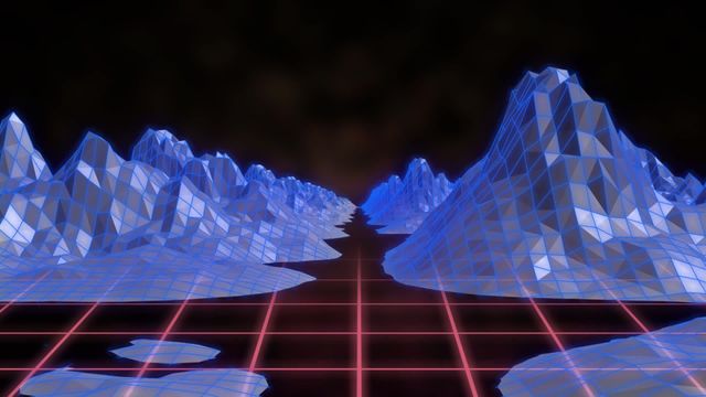 Vivid digital mountains depicted in a neon-lit environment create a futuristic and imaginative scenario. Useful for illustrating concepts in technology, digital landscapes, a love for virtual reality, video games, or visual motifs focused on cyberpunk aesthetics. Brings attention to innovations in design and immersive digital environments.