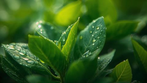 Glistening dew coating green leaves macro closeup revealing veins and bokeh