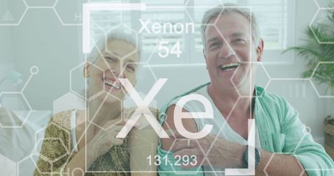Senior Couple Embracing Health with Chemistry Symbol Overlay