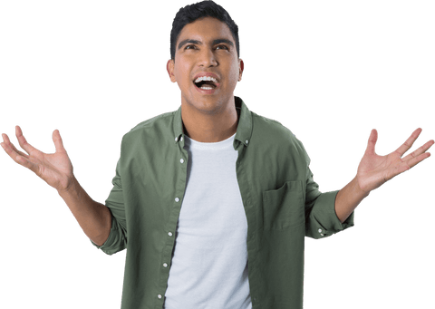 Frustrated Man Expressing Despair with Arms Raised on Transparent Background