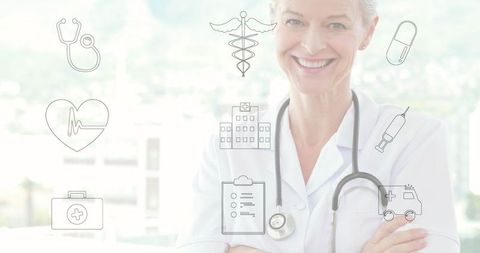 Confident Senior Doctor with Medical Icons in Modern Clinic