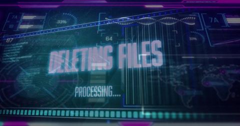 Futuristic Cybersecurity Console Display Deleting Files Processing Neon Glitch Interface