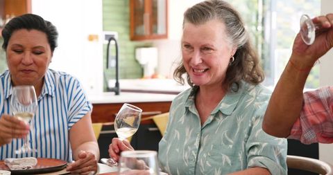 Joyful Seniors Celebrating with Wine at Home Gathering